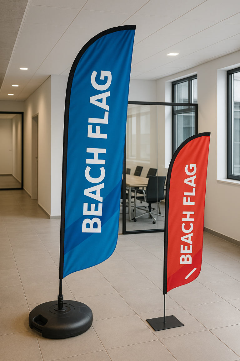 Beach-flag de différentes tailles avec supports lestés